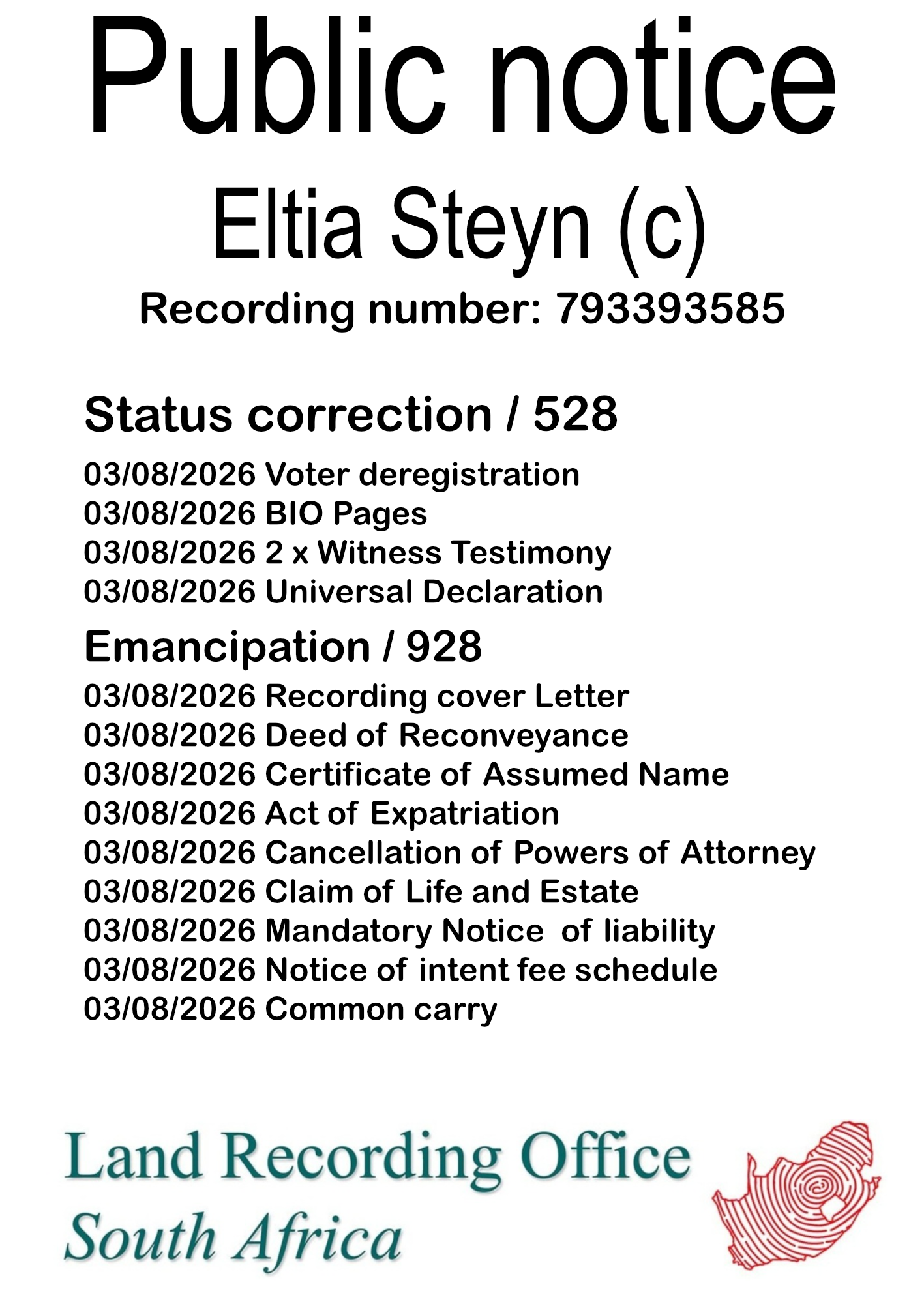 Public notice Eltia Steyn Recording number 793393585
